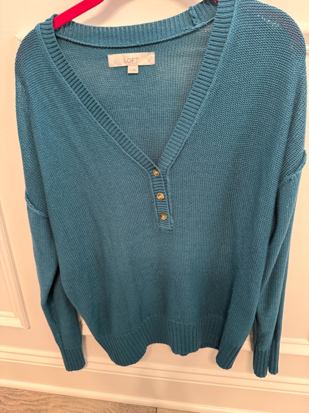 LOFT Blue-Green V-Neck Button Knit Sweater